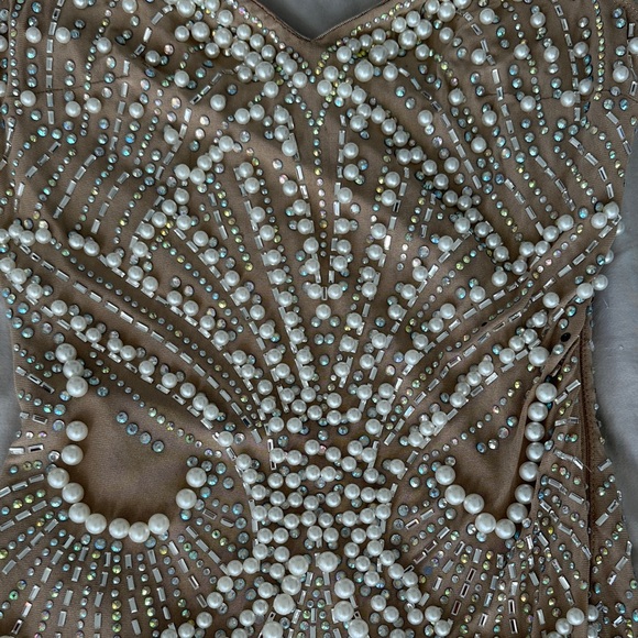 Elegant Beaded Dress in Tan - Picture 2 of 12